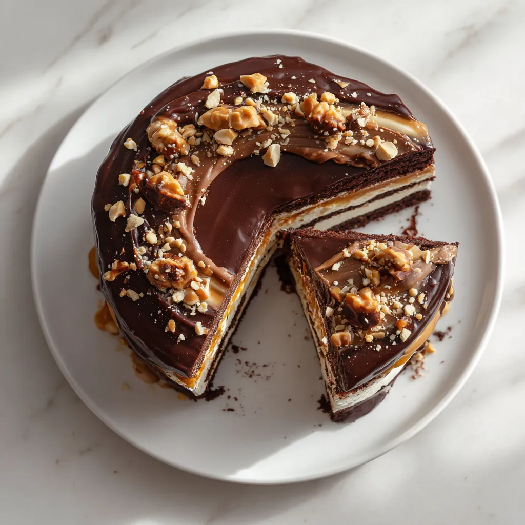 Decadent Chocolate Snickers Cake with Caramel, Peanuts, and Nougat Layers